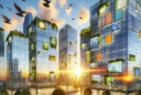 "Sunrise over bird-friendly, glass-clad skyscrapers with reflective and fritted glass, green walls, angled surfaces and LEED certification plaques symbolizing sustainability."