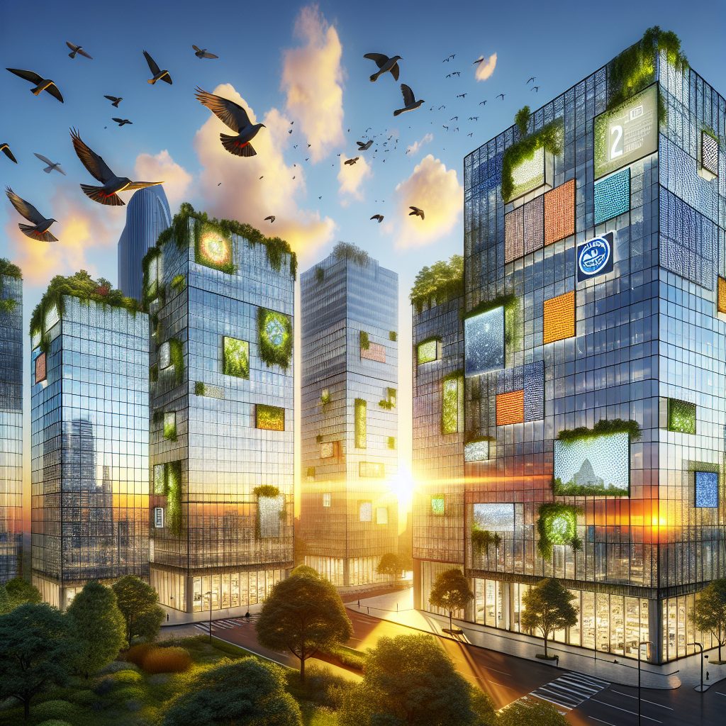 "Sunrise over bird-friendly, glass-clad skyscrapers with reflective and fritted glass, green walls, angled surfaces and LEED certification plaques symbolizing sustainability."