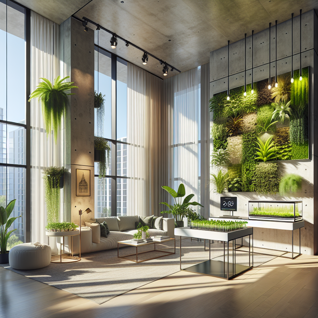 "Urban living room interior design integrating nature with lush green wall garden of ferns, mosses, and ivy, hydroponic table setup for herbs, natural light from windows, neutral palette accentuated with shades of green, tech devices monitoring plant health, and ancient hanging garden painting."