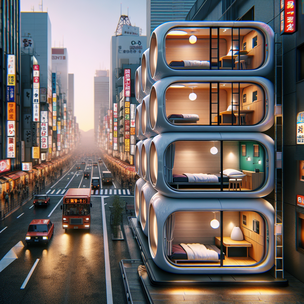 "Hyperrealistic illustration of a minimalist capsule hotel in central Osaka, showing stackable sleeping pods with in-built lighting and entertainment systems against the backdrop of a bustling urban setting."