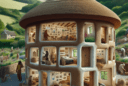 "Hyperrealistic rendering of a charming cob house in Devon, England, showcasing its curvaceous walls, deep-set windows, rustic straw roof, cozy interior and builders moulding the cob by hand; depicting craftsmanship and low environmental impact."