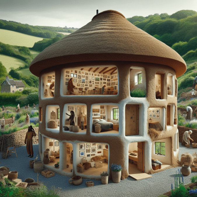 "Hyperrealistic rendering of a charming cob house in Devon, England, showcasing its curvaceous walls, deep-set windows, rustic straw roof, cozy interior and builders moulding the cob by hand; depicting craftsmanship and low environmental impact."