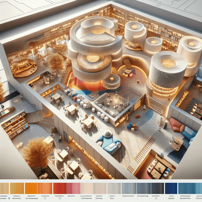 "3D rendering of a neurodiverse-friendly space with varied lighting, sound-absorbing materials, color-coded navigation aids, and flexible social spaces for inclusive design and sensory balance"