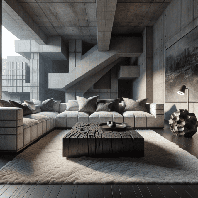 "Modern living room featuring Brutalist furniture design with a raw concrete couch, silk throw pillows, a solid wood coffee table, a bronze sculptural lamp, steel-framed mirror, and a view of a Brutalist building through a large window."