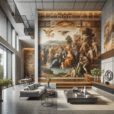 "Hyper-realistic rendering of a contemporary modern living space highlighting a large Renaissance fresco with earthy colors and figures interacting with modern elements. The room features minimalist furniture and decor, illuminated to emphasize the fresco's impact."