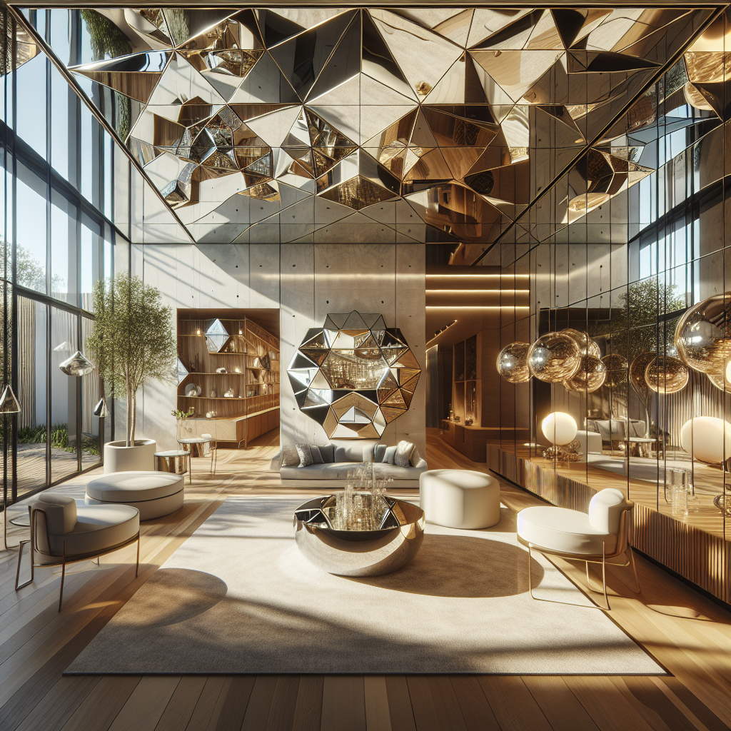 "Hyperrealistic depiction of a modern interior implementing 'Mirror Play' design trend, featuring a large faceted mirror, wall covered in mirrors, mirrored furniture, a smart mirror, and strategic lighting for enhanced luminosity, all complementing the minimalist décor and outdoors view reflection."