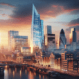 "Hyperrealist image of a bustling city skyline at sunset, blending old and new architecture, featuring historical landmarks nestled among modern skyscrapers, including the Shard in London reflecting the sunset and surrounding city off its glass façade."