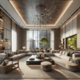 "Art Deco-inspired chandelier in a spacious, bright living room featuring 2020s luxury design trends; minimalist decor, custom-made furniture, eco-friendly materials, and smart home system controls."