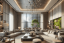 "Art Deco-inspired chandelier in a spacious, bright living room featuring 2020s luxury design trends; minimalist decor, custom-made furniture, eco-friendly materials, and smart home system controls."