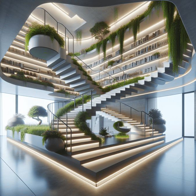 "Hyperrealistic floating staircase made from glass and acrylic with LED lights, integrated planters, trailing vines, and built-in bookshelf, signifying dynamic, multifunctional design."
