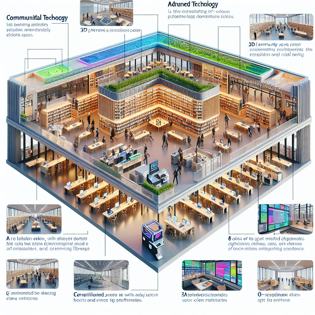 "Hyper-realistic rendering of a modern, multifunctional public library featuring innovative technology, collaborative spaces, a community area with art installations and café, eco-friendly design with green roof, pandemic-safe features, and extensive collection of physical and digital resources."