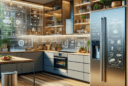 "Hyperrealistic illustration of a spacious, sustainable modern kitchen with bamboo cabinetry and flooring, recycled glass countertops, energy-efficient appliances including a fridge with digital screens and induction cooktop, built-in compost system, low-flow faucet, IoT energy monitoring app, built-in herb garden by a window, and a section for storing seasonal produce."