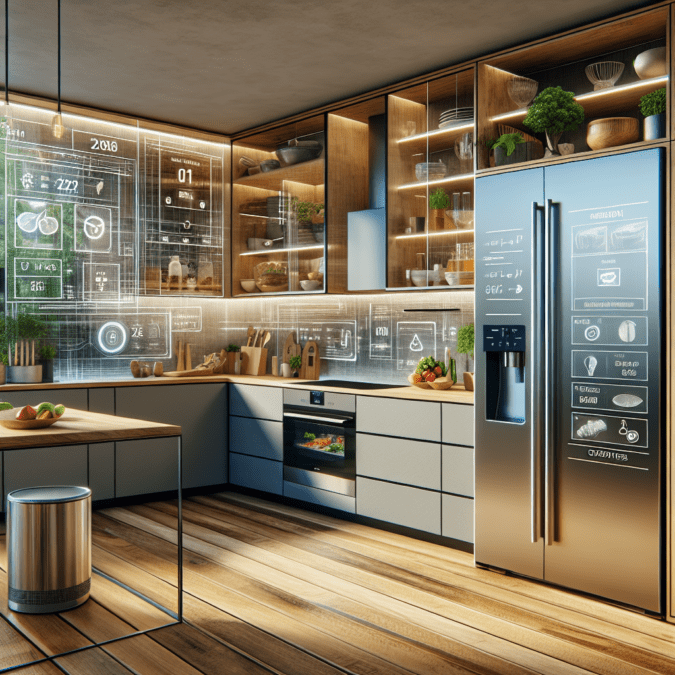 "Hyperrealistic illustration of a spacious, sustainable modern kitchen with bamboo cabinetry and flooring, recycled glass countertops, energy-efficient appliances including a fridge with digital screens and induction cooktop, built-in compost system, low-flow faucet, IoT energy monitoring app, built-in herb garden by a window, and a section for storing seasonal produce."