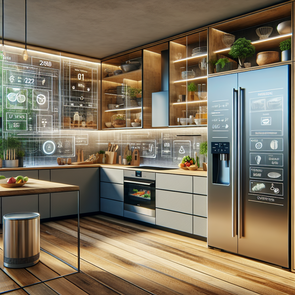 "Hyperrealistic illustration of a spacious, sustainable modern kitchen with bamboo cabinetry and flooring, recycled glass countertops, energy-efficient appliances including a fridge with digital screens and induction cooktop, built-in compost system, low-flow faucet, IoT energy monitoring app, built-in herb garden by a window, and a section for storing seasonal produce."