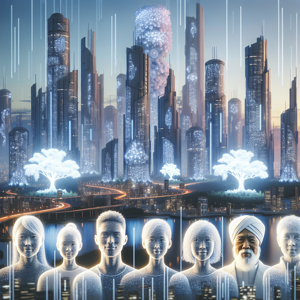 "Hyperrealistic art of a futuristic eco-city at dusk with glowing bioluminescent skyscrapers, illuminated tree-like structures in city parks, and people harmoniously interacting in the environment."