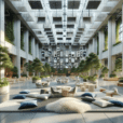 "Hyperrealistic image of an acoustically optimized open-plan interior featuring sound-absorbing materials like acoustic panels and plush carpets, partitions and indoor plants as natural sound barriers, and a sound masking system, designed for sustainability and productivity."