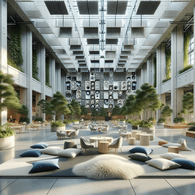 "Hyperrealistic image of an acoustically optimized open-plan interior featuring sound-absorbing materials like acoustic panels and plush carpets, partitions and indoor plants as natural sound barriers, and a sound masking system, designed for sustainability and productivity."