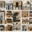 "Hyperrealistic art piece showcasing diverse architectural styles through history including Roman triumphal arch, Moorish Alhambra arch, traditional Japanese wooden homes, geometric Islamic structure, Greek colonnades, modern Zaha Hadid building, Spanish Islamic-inspired architecture, and a Bauhaus principled building with lifelike materials and cultural iconography."