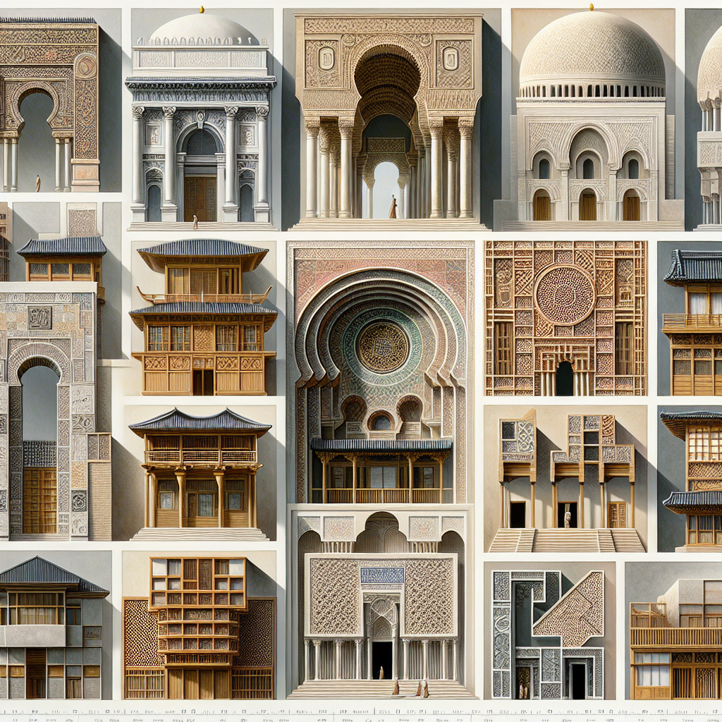 "Hyperrealistic art piece showcasing diverse architectural styles through history including Roman triumphal arch, Moorish Alhambra arch, traditional Japanese wooden homes, geometric Islamic structure, Greek colonnades, modern Zaha Hadid building, Spanish Islamic-inspired architecture, and a Bauhaus principled building with lifelike materials and cultural iconography."