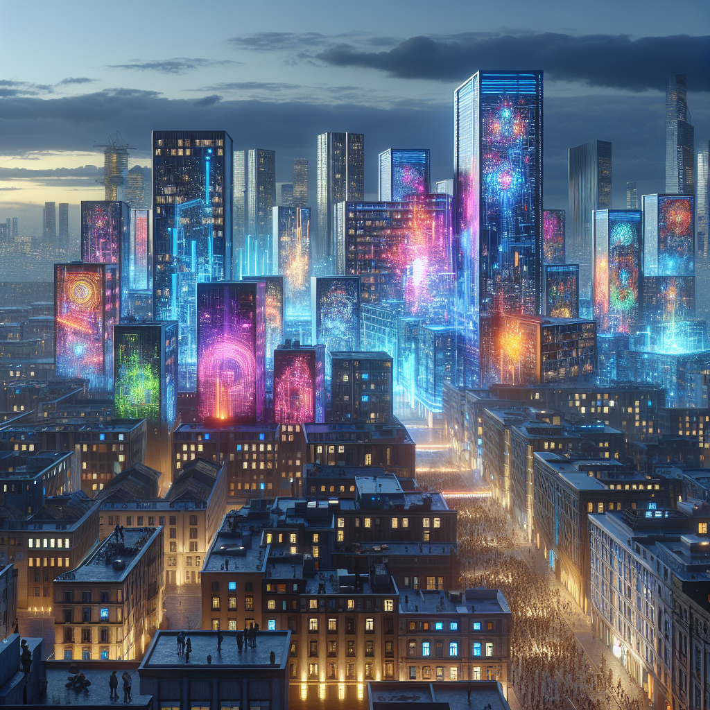 "Hyperrealistic Dall-e created cityscape at dusk, showcasing a fusion of traditional and futuristic buildings adorned with vivid, dynamic light projections, crowds interacting with the digital art projections, and energy-efficient LEDs exemplifying environmental sustainability in urban landscapes."