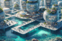 "Hyperrealistic illustration of a sustainable underwater city with futuristic glass and acrylic buildings amid coral reefs, featuring underwater hotels and restaurants with panoramic ocean views. Humans harmoniously interact with vibrant marine life under sunlight-filtered waters, highlighting safety with advanced sealing technology."