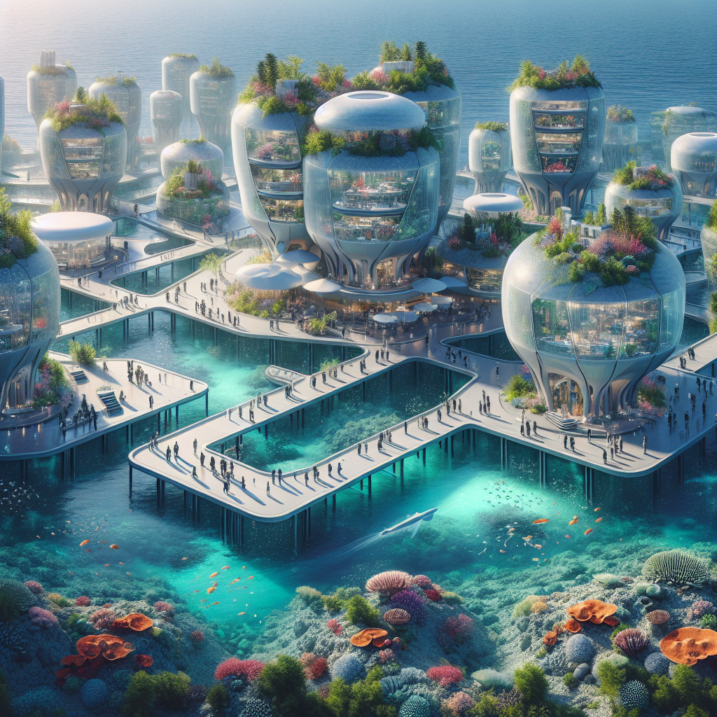 "Hyperrealistic illustration of a sustainable underwater city with futuristic glass and acrylic buildings amid coral reefs, featuring underwater hotels and restaurants with panoramic ocean views. Humans harmoniously interact with vibrant marine life under sunlight-filtered waters, highlighting safety with advanced sealing technology."