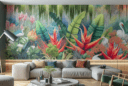 "Hyperrealistic image of a modern interior with a hand-painted wall mural showing lush botanicals, local cultural motifs in pop culture and street art style, against a minimalist backdrop with contemporary furniture, emphasizing on the artist's visible brushwork using eco-friendly acrylic paints."