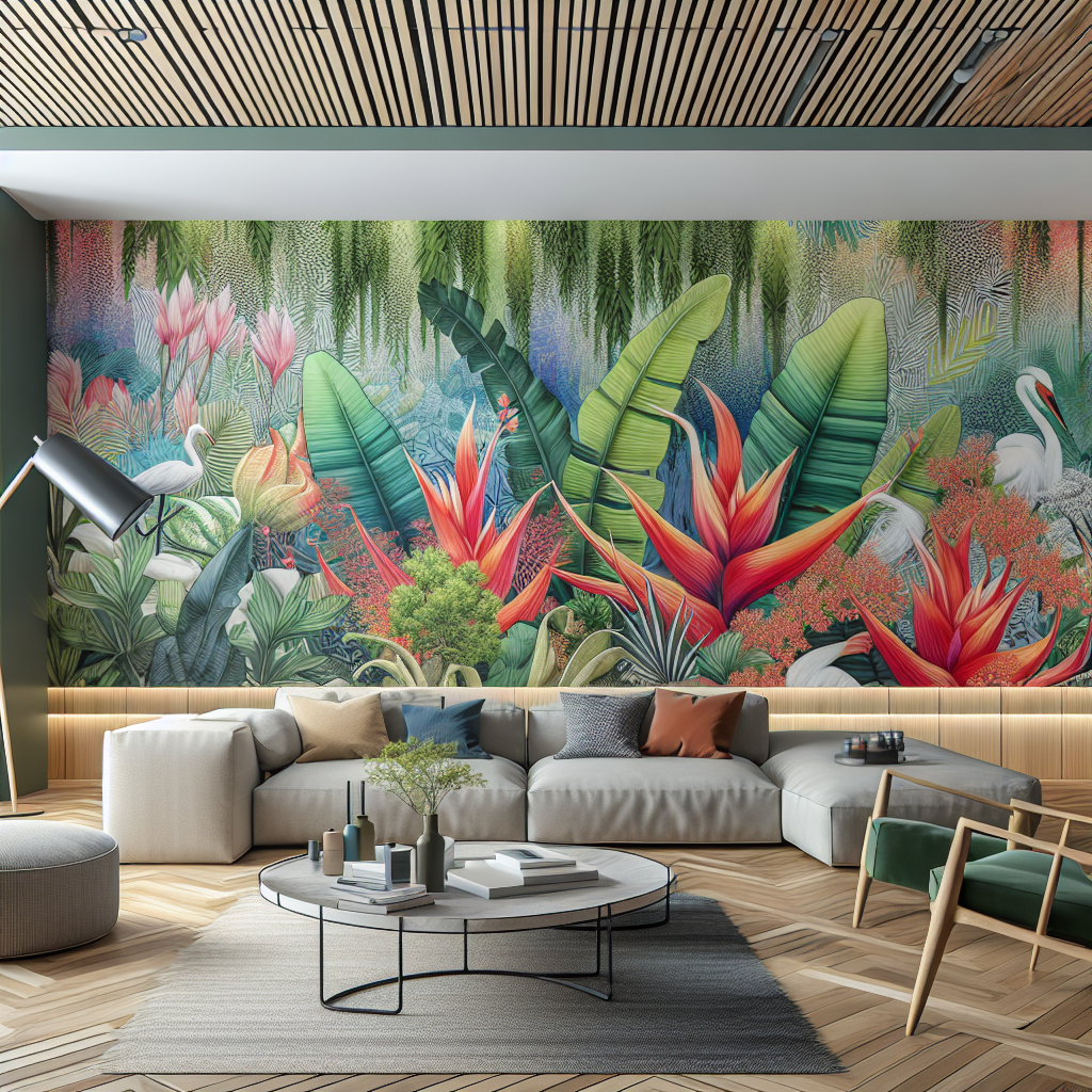 "Hyperrealistic image of a modern interior with a hand-painted wall mural showing lush botanicals, local cultural motifs in pop culture and street art style, against a minimalist backdrop with contemporary furniture, emphasizing on the artist's visible brushwork using eco-friendly acrylic paints."