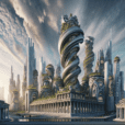 "Hyperrealistic image of a futuristic city incorporating ancient architecture and mythology, featuring a central structure similar to Walt Disney Concert Hall styled as a sailing ship, surrounded by buildings with lush green façades like the Bosco Verticale representing the Garden of Eden, Parthenon-like pillars and skyscrapers with dragon motifs."