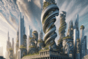 "Hyperrealistic image of a futuristic city incorporating ancient architecture and mythology, featuring a central structure similar to Walt Disney Concert Hall styled as a sailing ship, surrounded by buildings with lush green façades like the Bosco Verticale representing the Garden of Eden, Parthenon-like pillars and skyscrapers with dragon motifs."