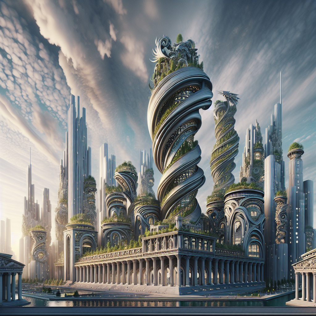 "Hyperrealistic image of a futuristic city incorporating ancient architecture and mythology, featuring a central structure similar to Walt Disney Concert Hall styled as a sailing ship, surrounded by buildings with lush green façades like the Bosco Verticale representing the Garden of Eden, Parthenon-like pillars and skyscrapers with dragon motifs."