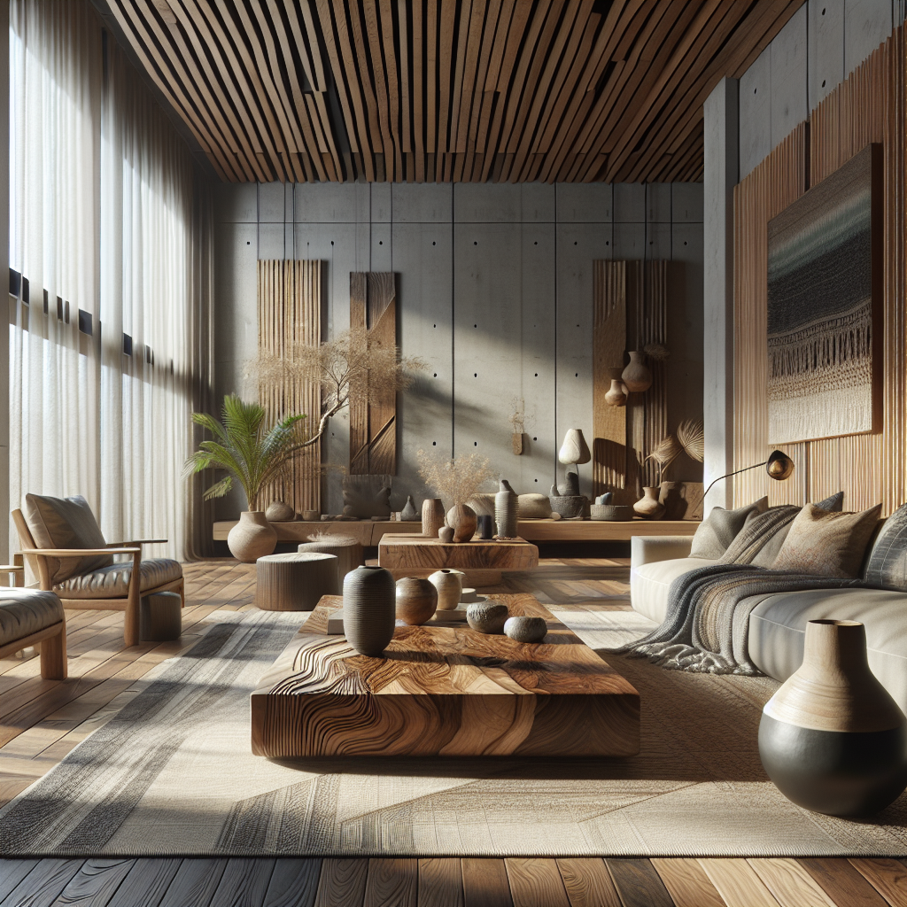 "Hyperrealistic rendering of a spacious, modern living room featuring a hand-carved wooden coffee table, a hand-thrown ceramic vase, bespoke furniture, handwoven wall textiles, and intricate light fixtures, capturing the artisanal design aesthetic."
