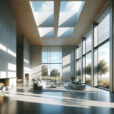 "Spacious, modern living room with clerestory windows allowing natural light, showcasing minimalist furniture, advanced glazing techniques, and reflecting a tranquil, sustainable architecture style."
