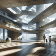 "Hyperrealistic rendering of a sustainable modern architecture concept including concrete, glass, and greenery, with people interacting and natural light creating shadows on surfaces, highlighting the texture of materials"