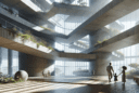 "Hyperrealistic rendering of a sustainable modern architecture concept including concrete, glass, and greenery, with people interacting and natural light creating shadows on surfaces, highlighting the texture of materials"