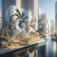 "Detailed image of a modern urban landscape featuring kinetic facades on innovative buildings like the Al Bahr Towers, Ducasse sur Seine, and One Ocean Pavilion reflecting sunlight. These sustainable buildings interact with the environment and people, showcasing a blend of art, science, and technology."