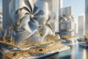 "Detailed image of a modern urban landscape featuring kinetic facades on innovative buildings like the Al Bahr Towers, Ducasse sur Seine, and One Ocean Pavilion reflecting sunlight. These sustainable buildings interact with the environment and people, showcasing a blend of art, science, and technology."