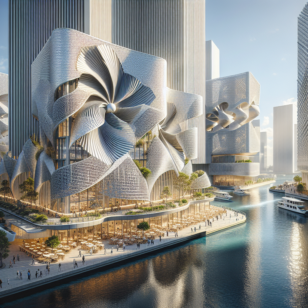 "Detailed image of a modern urban landscape featuring kinetic facades on innovative buildings like the Al Bahr Towers, Ducasse sur Seine, and One Ocean Pavilion reflecting sunlight. These sustainable buildings interact with the environment and people, showcasing a blend of art, science, and technology."