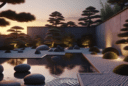 "Zen garden at sunset featuring balanced stones, a raked gravel path, a reflecting pond, evergreens, and contrasting textures of smooth concrete and rough tree bark, embodying tranquility and minimalist design."