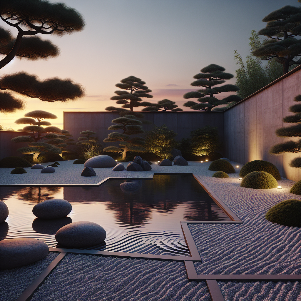"Zen garden at sunset featuring balanced stones, a raked gravel path, a reflecting pond, evergreens, and contrasting textures of smooth concrete and rough tree bark, embodying tranquility and minimalist design."