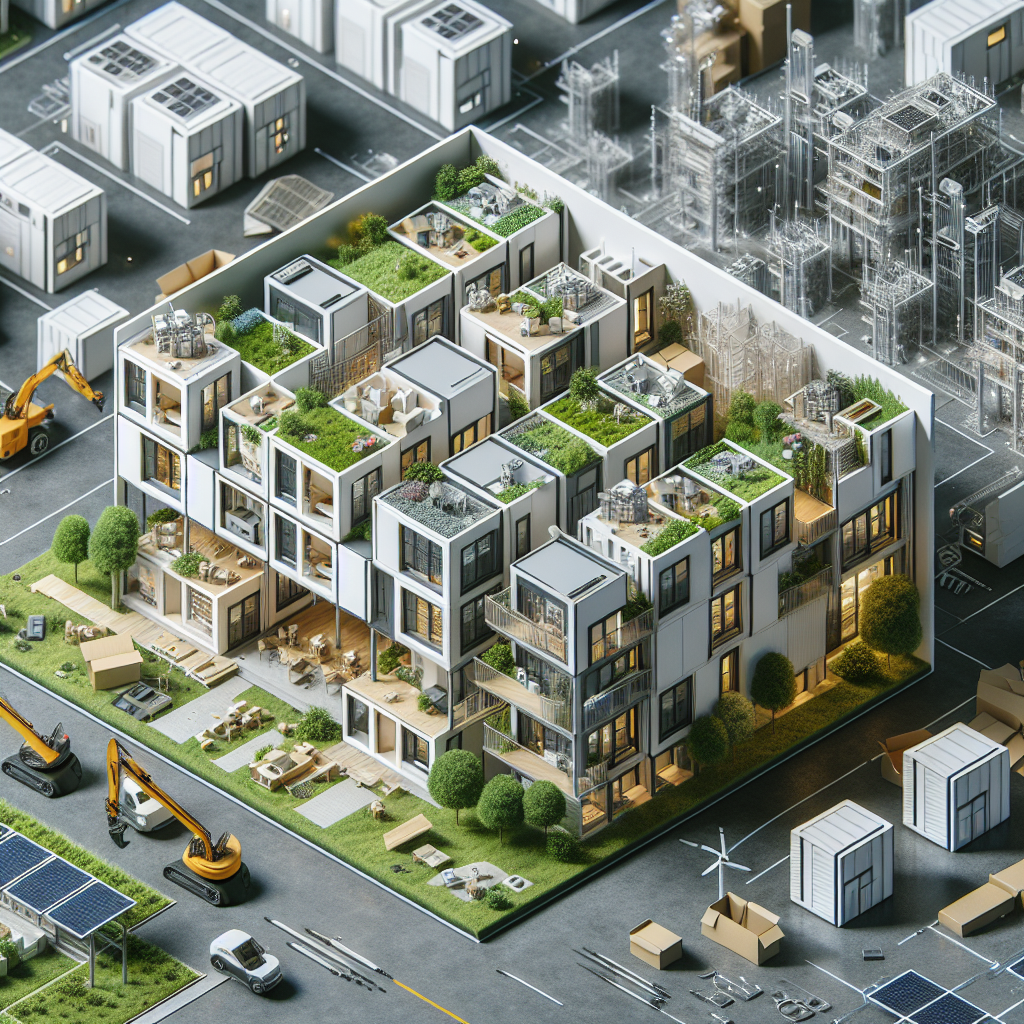 "Hyperrealistic illustration of a high-tech factory producing modular construction components from sustainable materials, with a separate image section showcasing a stylish, adaptable urban apartment complex with solar panels and green spaces."