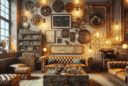 "Steampunk-themed modern living room with Edison bulb lighting, brass and copper accents, exposed brick walls, gear motifs, vintage trunk coffee table, aged leather furniture, ornate picture frames, vintage patent drawings, and a collection of antique artifacts."