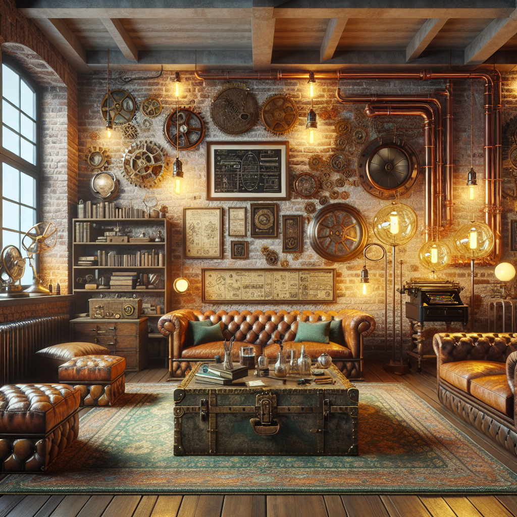 "Steampunk-themed modern living room with Edison bulb lighting, brass and copper accents, exposed brick walls, gear motifs, vintage trunk coffee table, aged leather furniture, ornate picture frames, vintage patent drawings, and a collection of antique artifacts."