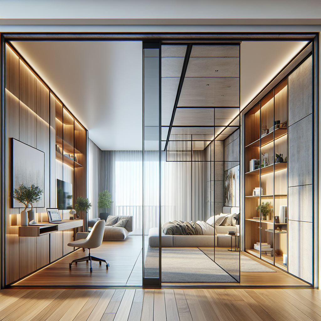 "Hyperrealistic image of multifunctional open-plan living space with sliding walls constructed from sustainable materials and smart glass, balancing minimalist and fluid design features such as a wooden finish, sleek metal frames and office-bedroom module. Walls are soundproof and able to display bespoke artwork."