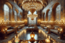 "Hyper-realistic image of a luxurious Byzantine palace interior showing the evolution of Byzantine lighting design, highlighting reflective gold mosaics, polished marble surfaces, elaborate oil lamps, a precious metal chandelier with jewels, colored glass lamps, and regal furnishings."