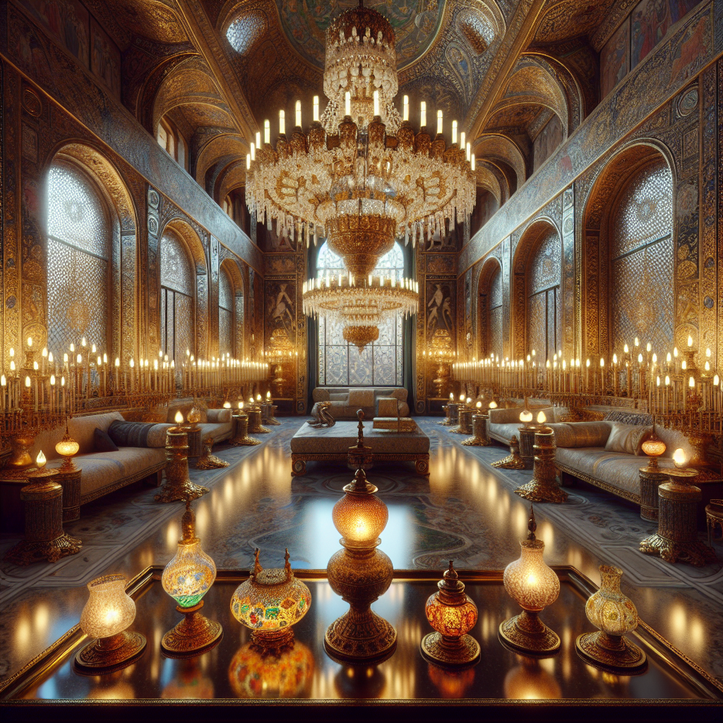 "Hyper-realistic image of a luxurious Byzantine palace interior showing the evolution of Byzantine lighting design, highlighting reflective gold mosaics, polished marble surfaces, elaborate oil lamps, a precious metal chandelier with jewels, colored glass lamps, and regal furnishings."