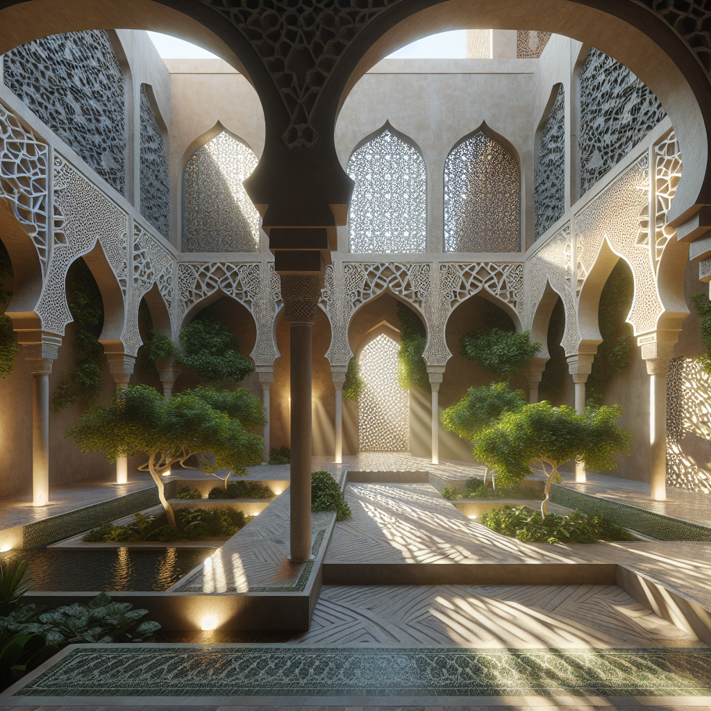 Hyperrealistic 3D-rendered courtyard with modern **Moorish arches**, **geometric tilework**, **mashrabiya screens**, and a tranquil **fountain**.