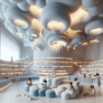 Hyperrealistic 3D-rendered futuristic children's library with cloud-inspired design, floating cloud installations, curved bookshelves & soft lighting.