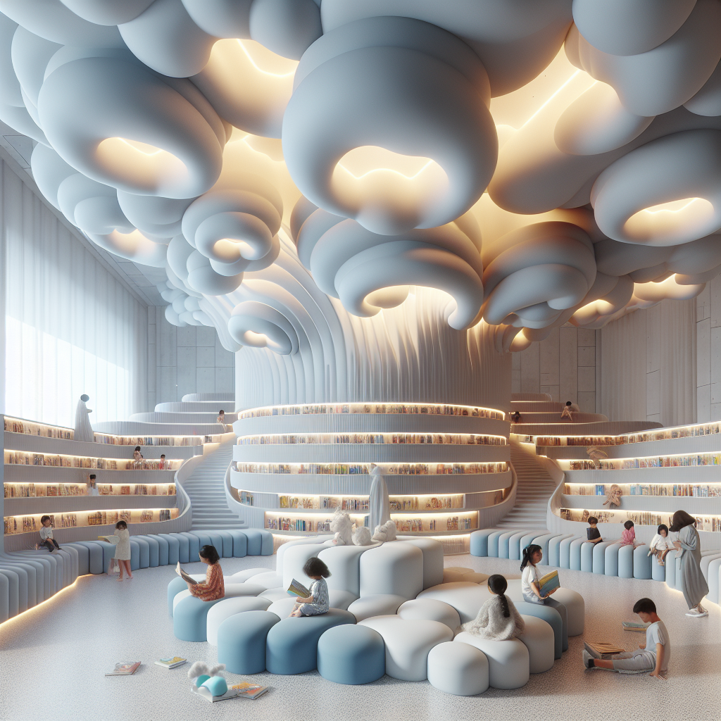 Hyperrealistic 3D-rendered futuristic children's library with cloud-inspired design, floating cloud installations, curved bookshelves & soft lighting.