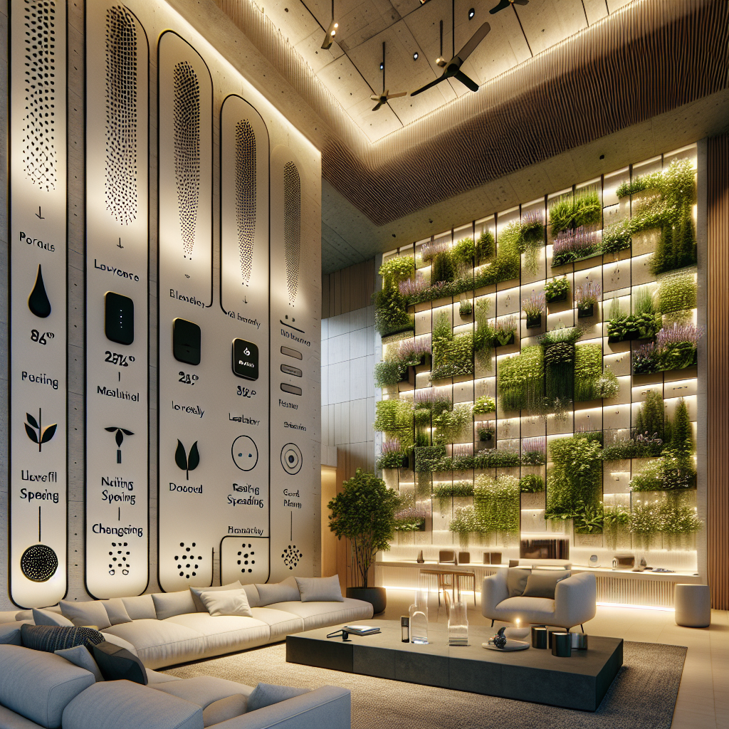 "Hyperrealistic modern lounge with biophilic design, aromatic green wall, built-in essential oil diffusers, and smart scent-controlled ambiance."